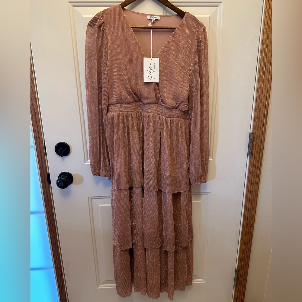 Polagram Shimmer Rose Gold Tiered Midi Dress Size Medium